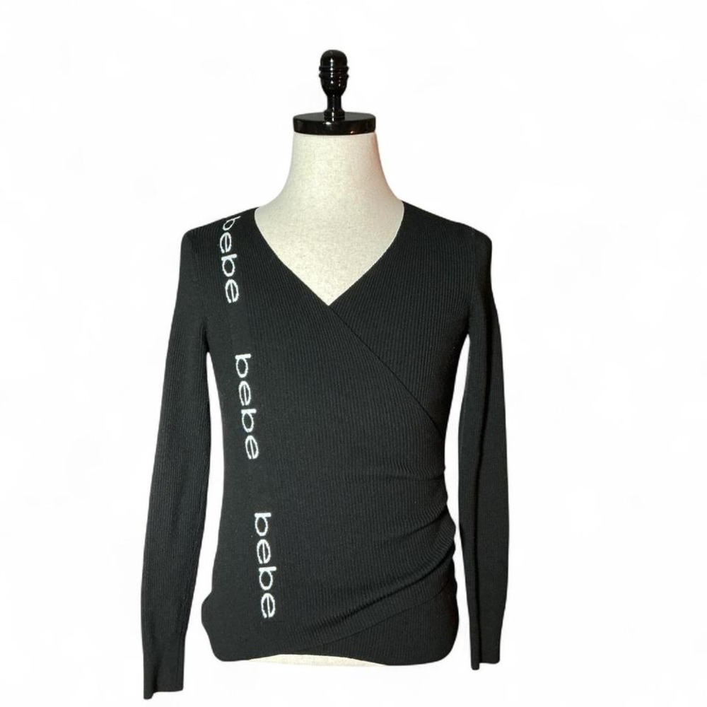 Y2K Bebe Black Ribbed Wrap Vโ Neck Long Sleeve Sweater Top
